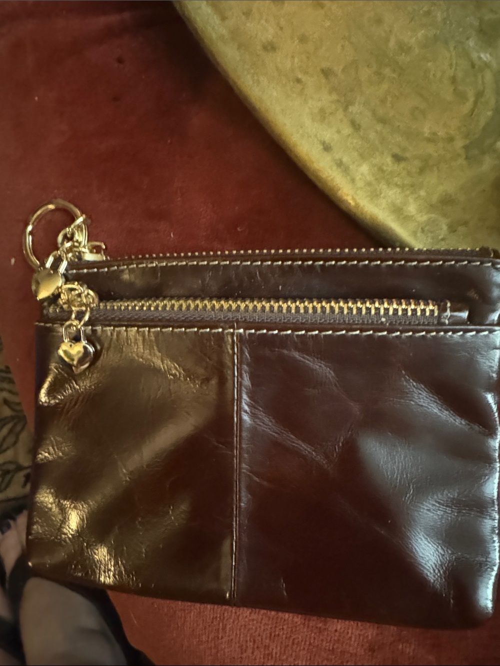 Classic Brown Leather Wristlet Clutch with Gold Accents